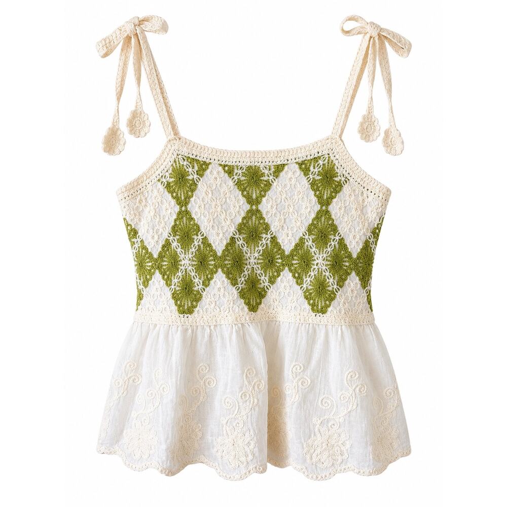 Women’s Small Crochet Peplum Cami Top Green Ivory Argyle Boho Festival